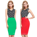 2016 New Arrival Occident Women's Slim Fit Sleeveless Green V-Neck Polka Dots Splicing Short Pencil Dress CL009265-2